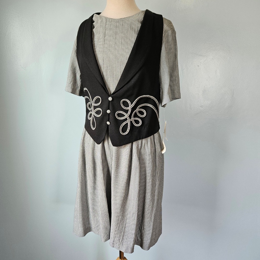 Vtg 90s‎ K Studio Romper Sz 12 Black White Houndstooth Vest Soutache Teacher USA